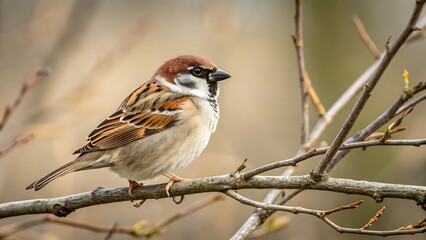 Fototapeta premium A delightful sparrow rests gracefully on a delicate branch, its intricate brown and white feathers creating a captivating contrast against the soft backdrop