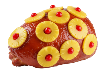 Classic Holiday Glazed Ham with Pineapple Rings and Maraschino Cherries Isolated on White