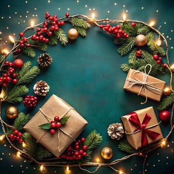 A top view of a dark blue-green surface, where various gift boxes in craft paper, fir branches, pine cones, garlands, etc. are laid out in a circle. In the middle is a circular space for text.