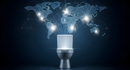 Global network of illuminated connections emanating from a futuristic device