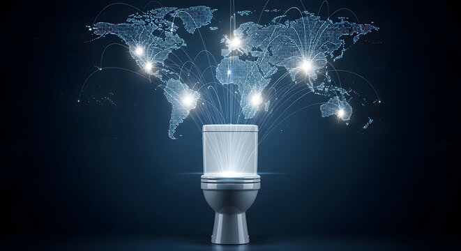 Global network of illuminated connections emanating from a futuristic device