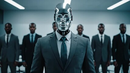 Robot CEO leading diverse team with confidence and innovation in modern office setting for future technology concepts - Powered by Adobe