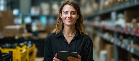 Young woman smiling while holding tablet in a busy warehouse setting during daytime Generative AI