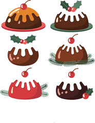 Set of six festive Christmas pudding vector icons with various toppings including holly and cherries