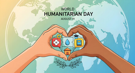 World humanitarian day hands forming heart with aid symbols globe background
