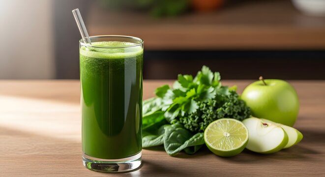 A glass of green juice with a straw next to kale spinach apple and lime on a wooden surface top view - Powered by Adobe