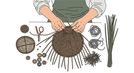Overhead view of hands weaving a basket with natural materials, , showcasing the intricate process and the beauty of handmade craftsmanship
