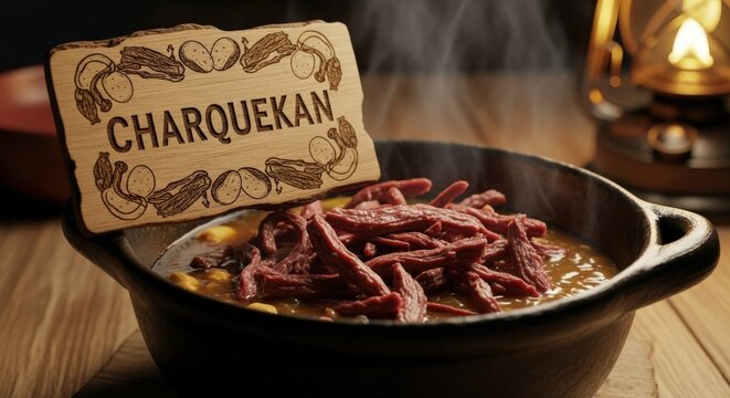 Pot of Charquekan with Beef Strips &ndash; Aliso Wood Sign, Beef Strip & Chu&ntilde;o Potato Motifs