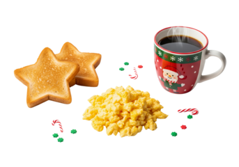 Festive Christmas Breakfast: Star Toasts, Scrambled Eggs, and Santa Coffee Mug on White Background