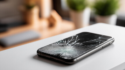 Close-up smartphone drop with broken glass defocused white background, faceless accident moment, cracked screen visualization, isolated setting, damaged mobile concept, electronics