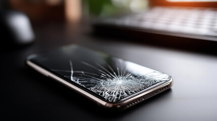 Smartphone with broken touchscreen on defocused black desktop, faceless device damage, shattered visualization detail, blurred dark background, mobile concept, repair interface, de