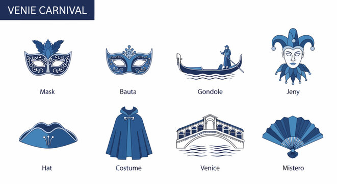 Eight blue icons representing Venetian Carnival elements including masks gondola and landmarks