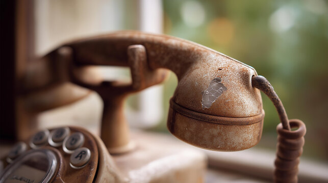 Old rusted telephone with cracked screen defocused broken cord, faceless vintage damage, antique visualization detail, blurred background, obsolete concept, deterioration interface