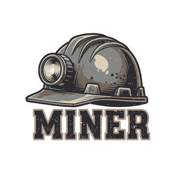 A vintage-style illustration of a mining helmet with a lamp, and the word "MINER" in bold, block letters