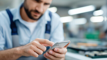 Cell phone repair at service center defocused top view, faceless disassembly process, diagnostics visualization detail, blurred workplace background, repairman concept, service int