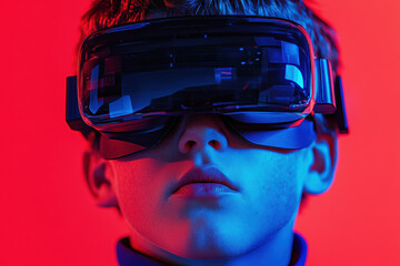 Young boy immersed in virtual reality experience with headset on red blue background