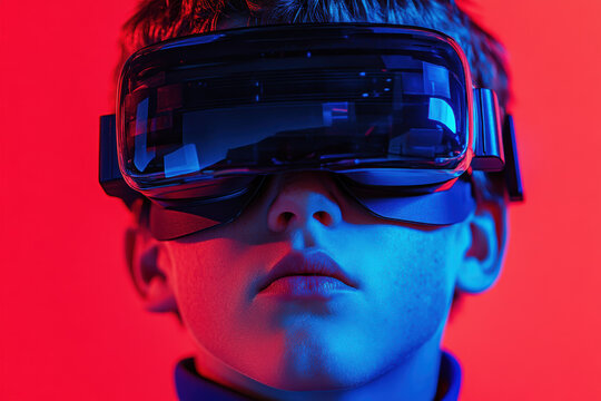 Young boy immersed in virtual reality experience with headset on red blue background
