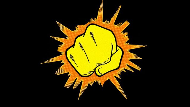 An engaging animation showcases a powerful punch enclosed in fiery bursts and colorful graphics