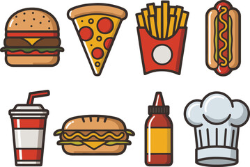 Fast food icon set isolated on white background, burger, fries, pizza, soda, and takeaway meal vector symbols