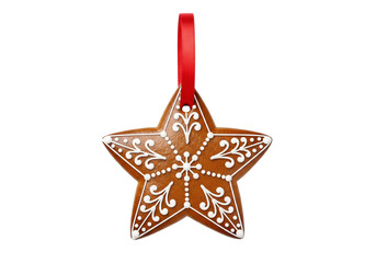 Festive Gingerbread Star Christmas Ornament with Red Ribbon Isolated on White Background