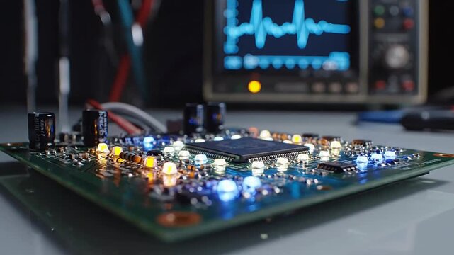 Exploring a Circuit Board: Close-Up of Electronic Components and Oscilloscope Display Showcasing Signals and Lighting Effects in a Technology Environment