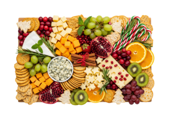 Festive Holiday Charcuterie Board: Gourmet Cheeses, Fresh Fruits, and Seasonal Delights. Elegant Christmas & New Year's Party Platter Flat Lay on White Background.