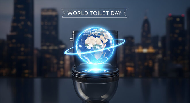 World toilet day holographic earth display in cityscape