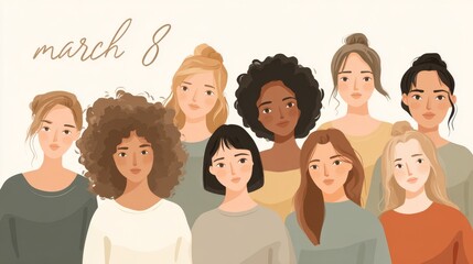 Diverse women's profiles are highlighted in an International Women's Day illustration along with the date March