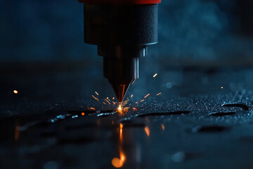 Close Up of Industrial Laser Cutting Through Metal with Sparks Flying in Dark Workshop