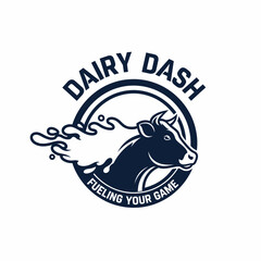 Obraz premium A logo design with a cow bursting from a circle with text above and below, a milk splash