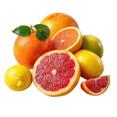Assortment of whole and sliced citrus fruits including orange red grapefruit lemon and lime on black