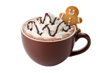 Festive Hot Chocolate with Gingerbread Man and Whipped Cream on White Background