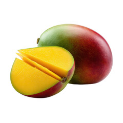 Whole ripe mango fruit beside a juicy sliced half showing bright yellow sweet flesh