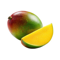 Whole ripe mango fruit showing red green skin next to a bright yellow juicy slice