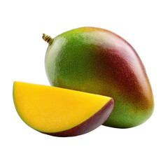 Whole ripe mango with colorful skin next to a vibrant yellow orange fruit slice