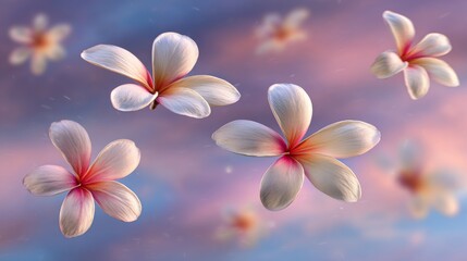 Fototapeta premium White jasmine flowers are suspended elegantly in front of a blue backdrop, embodying the concepts of levitation and zero gravity with high definition