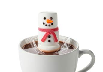 Cute Marshmallow Snowman Melting in Hot Chocolate Mug on White Background