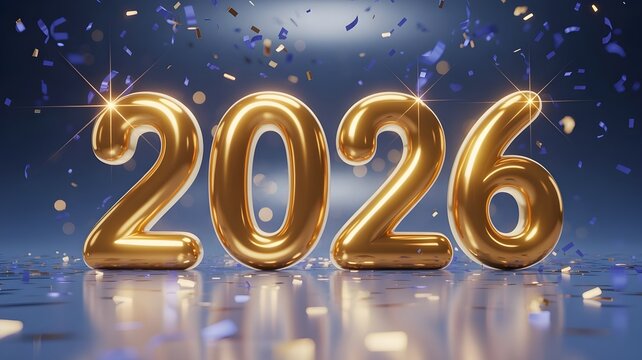 Golden inflatable balloons spelling out the year 2026, floating against a dark blue background with scattered confetti and sparkling lights, symbolizing a new years celebration