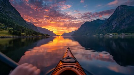 First-person view of kayaking on a serene mountain lake at sunset, vibrant sky reflected in calm water, peaceful outdoor adventure