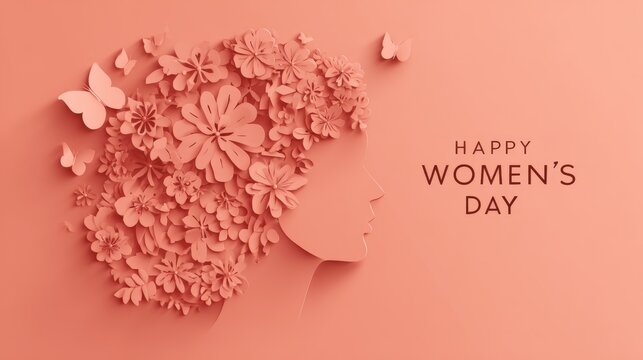The modern illustration of a papercut woman face silhouette amidst flowers serves as a congratulatory placard for brochures and other materials on International Women's Day, which falls on March