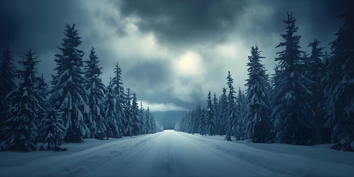 Moody Winter Road Through Snowy Pine Forest Under Dark Sky - Powered by Adobe
