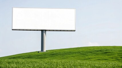 A solitary, empty white billboard stands tall on a pole atop a grassy hill under a clear blue sky