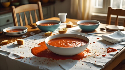a wooden kitchen table with a white tablecloth, a large bowl of spilled tomato soup in the center, surrounded by empty bowls and utensils, with crumbs and stains from the children's meal