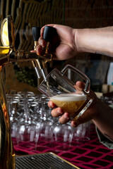 A bartender expertly fills a glass mug with golden beer from a shiny tap. The vibrant atmosphere hints at friends gathering and enjoying a lively night out