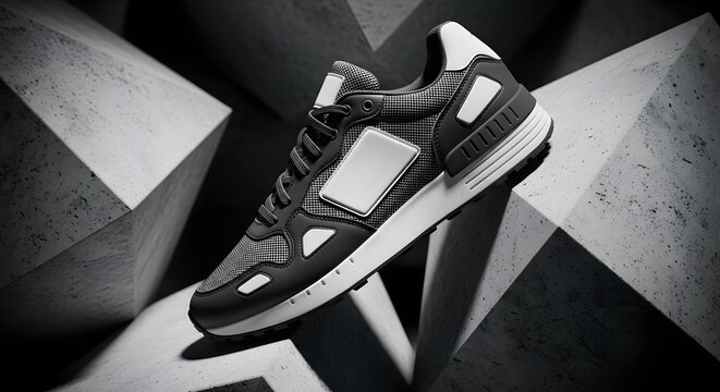 A stylish black and white athletic sneaker displayed dynamically on a background of geometric concrete blocks with dramatic lighting.