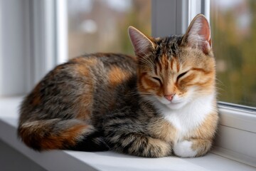 Calico cat sleeping peacefully on windowsill, relaxing at home