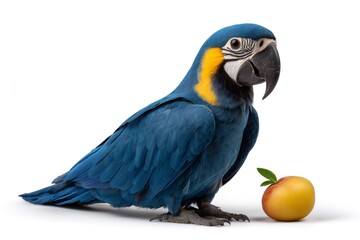 Obraz premium Blue and yellow macaw watching a fresh apple