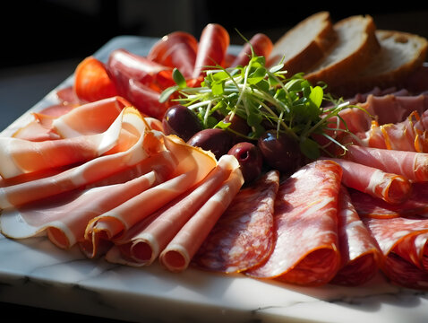 Charcuterie platter offering salami, prosciutto, olives, and bread - Powered by Adobe