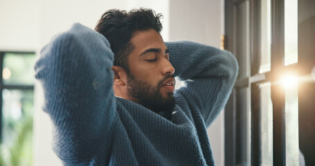 Fail, mistake or regret with man in home living room for choice, decision or problem solving. Hands...