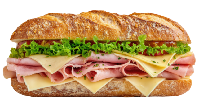 Sandwich with ham and cheese layered with fresh vegetables on toasted bread isolated on white background